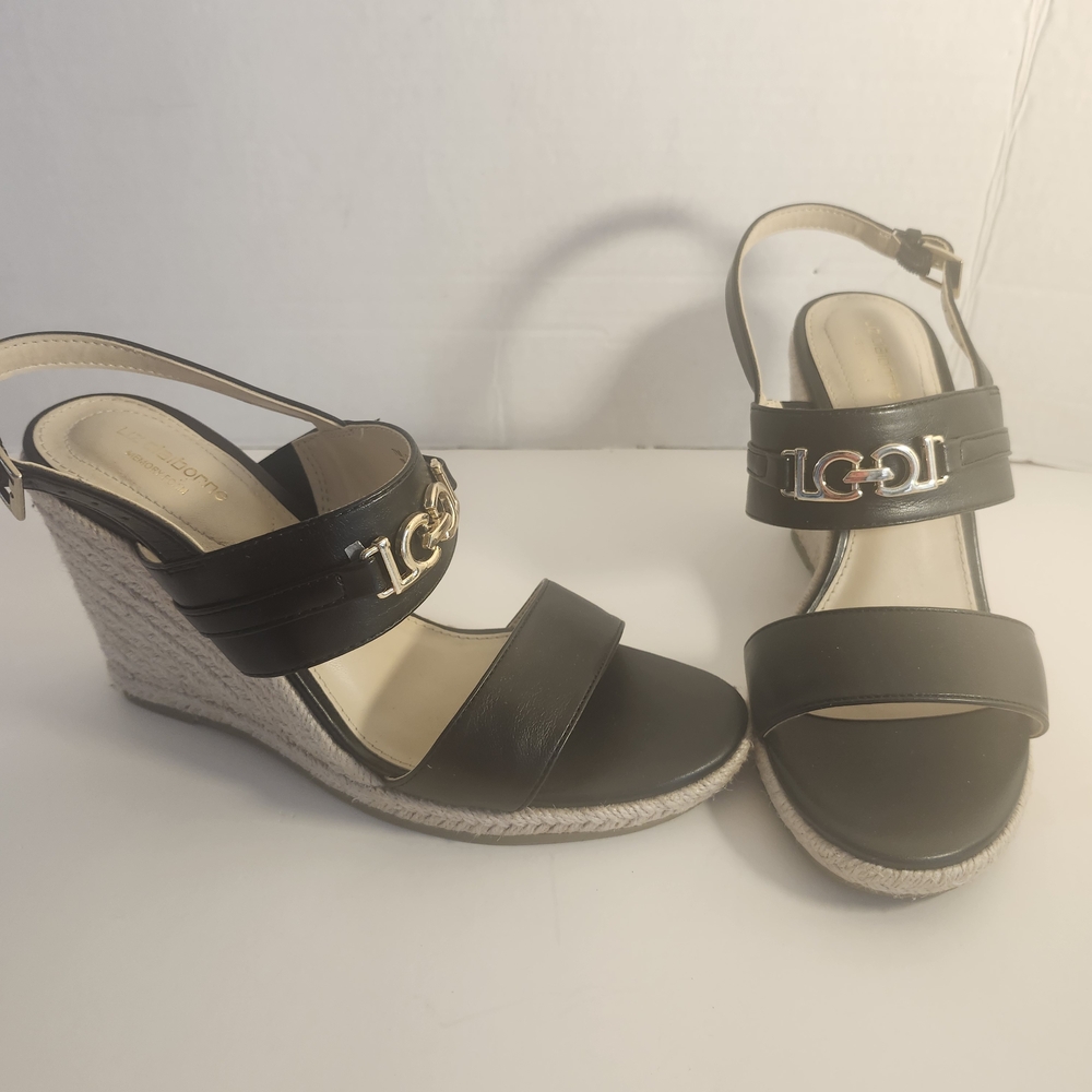 Liz Claiborne Black Wedge Sandals with Gold Accent